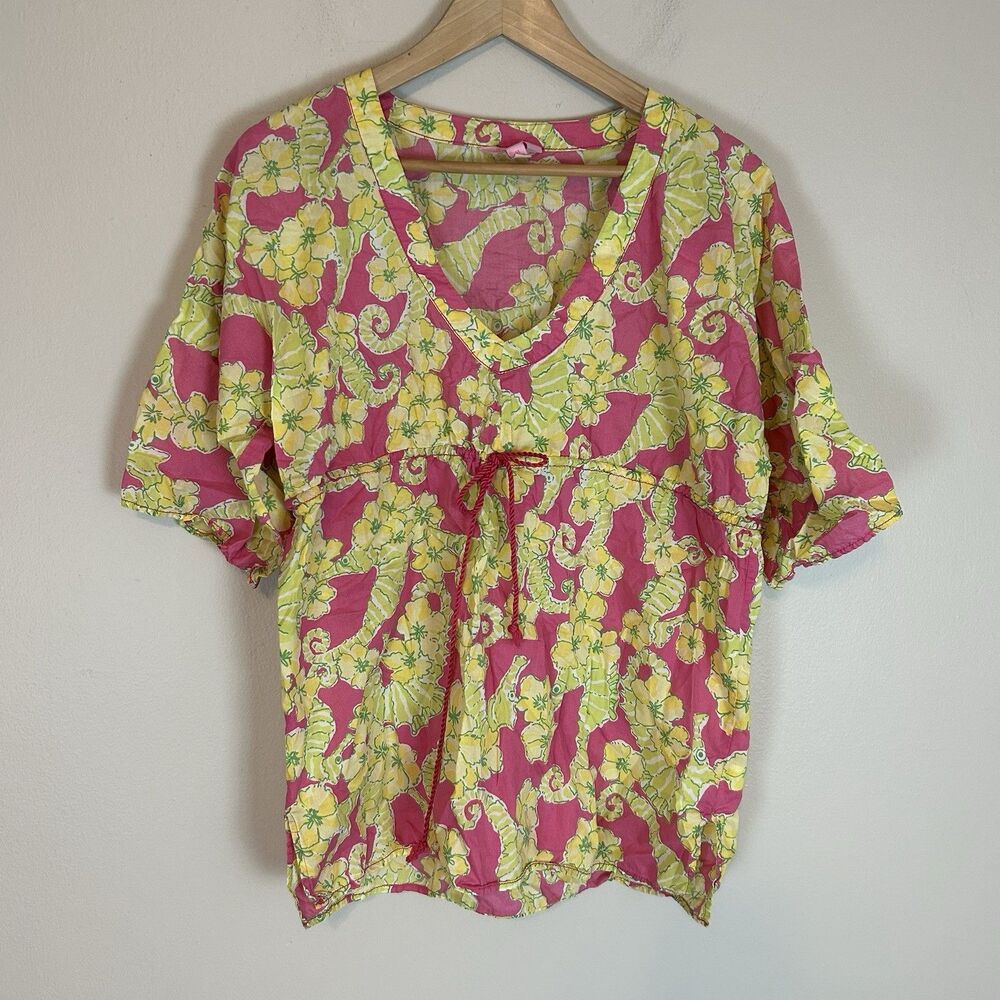 Vintage M Lilly Pulitzer Tunic Top Seahorse Cover Up Beach Pink Cinch Waist